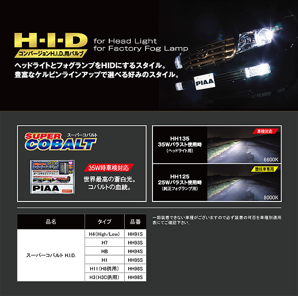 PIAA（ピア） コンバージョンH.I.D.用バルブ スーパーコバルト 6600K(35W)/8000K(25W) H3（H3C共用）タイプ  品番：HH99S 1セット詳細。DAC＜完売終了しました＞