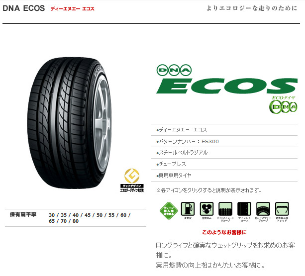 ecoタイヤ ヨコハマタイヤ yokohama tire dnaエコス dna ecos 165 80r13詳細 dac 完売終了しました